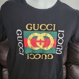Gucci Black Tee with Gold and Red Logo